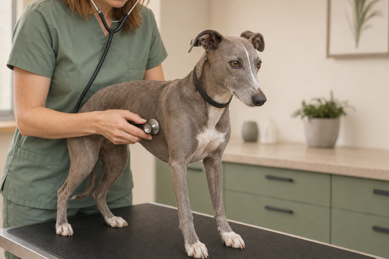 Veterinářka kontroluje zdravotní stav chovné feny whippeta